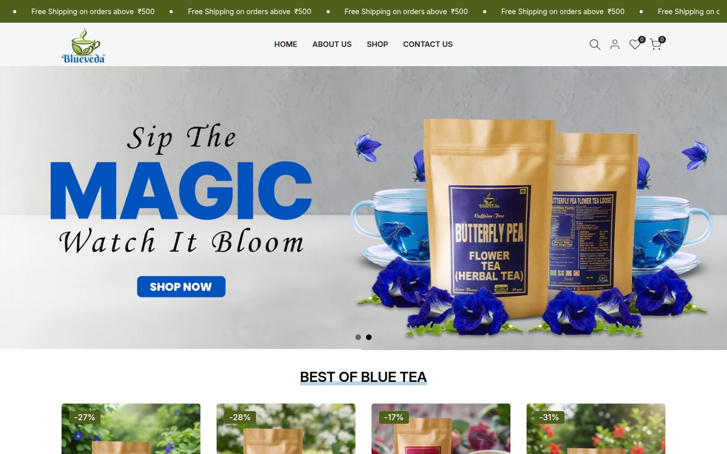 BlueVeda Tea storefront homepage on desktop