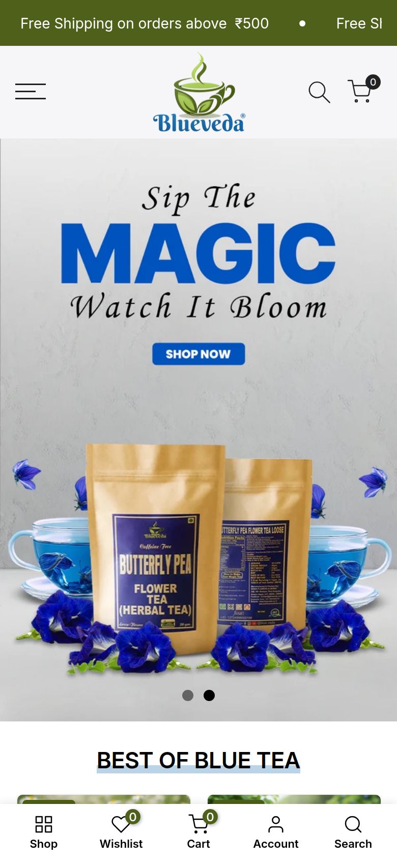 BlueVeda Tea storefront on a phone