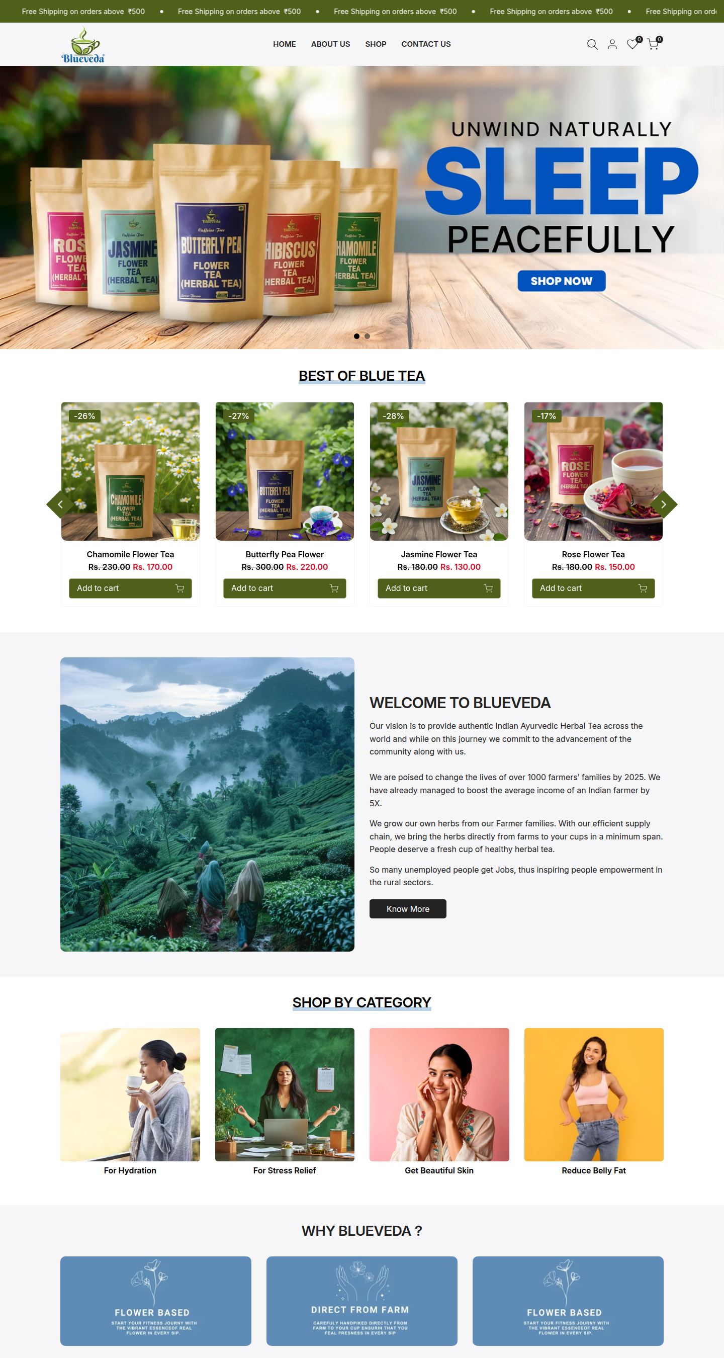 BlueVeda Tea storefront below the fold