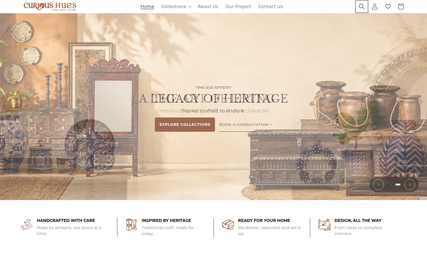 Curious Hues storefront homepage on desktop