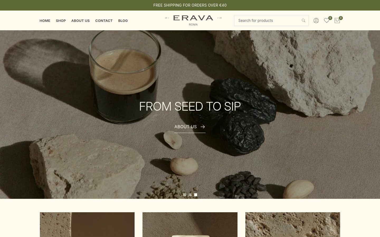 Erava Coffee storefront homepage on desktop