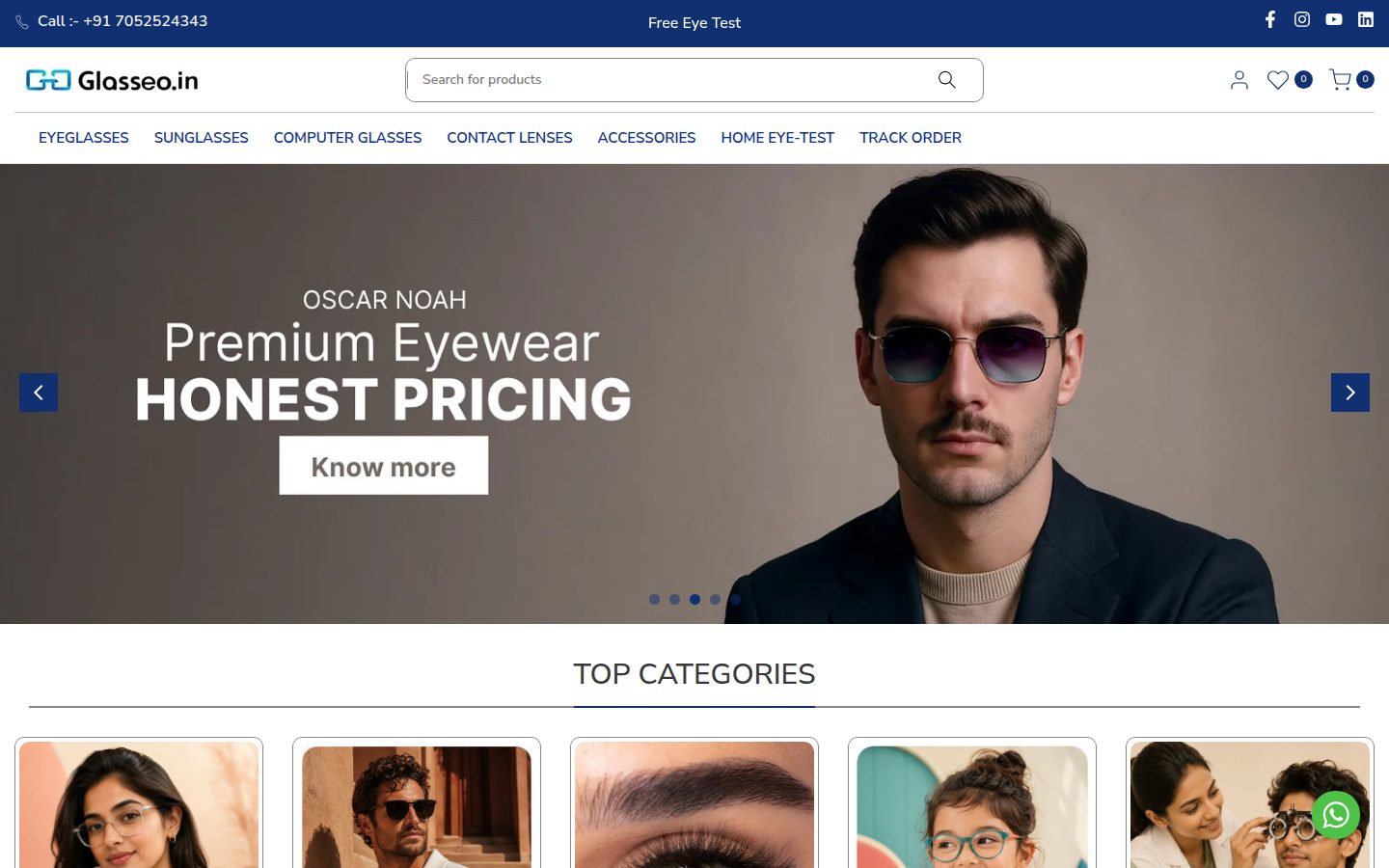 Glasseo storefront homepage on desktop