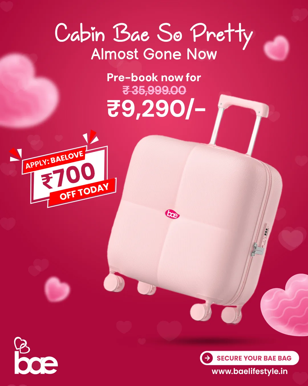 Pink cabin bag among floating hearts