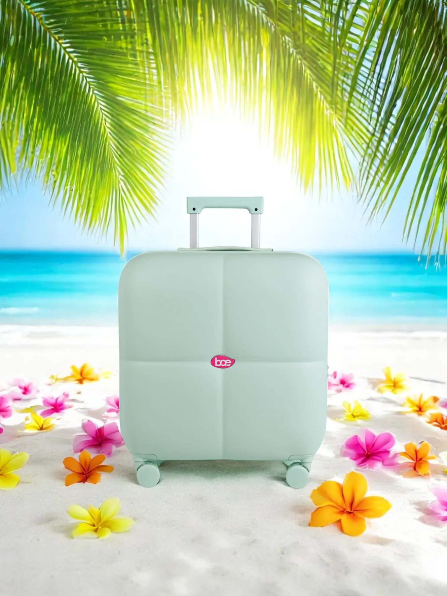 Mint cabin suitcase on a beach