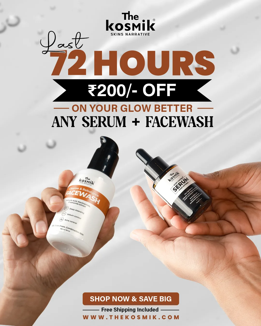 Two hands holding a face wash and a serum