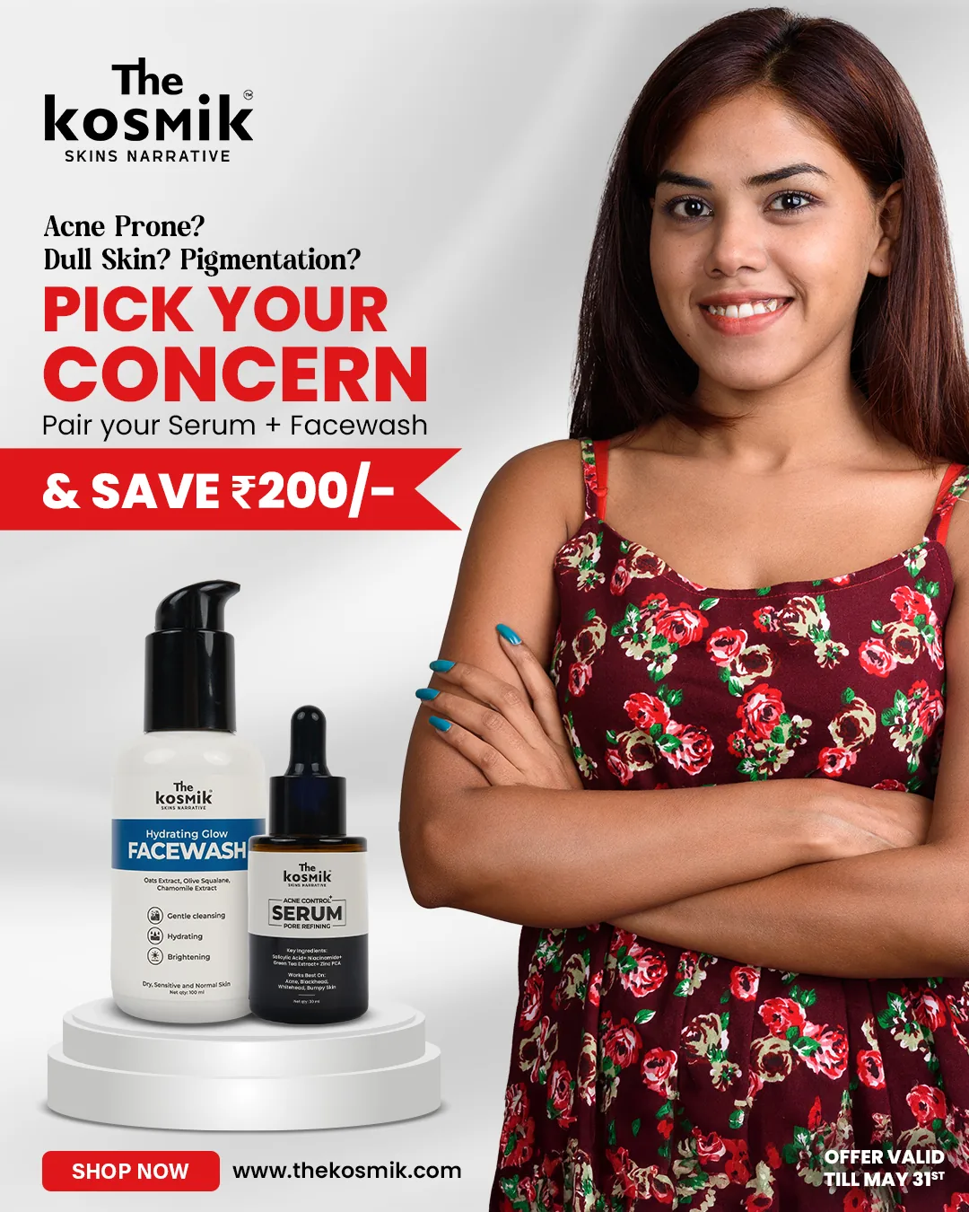 Serum and facewash with a smiling model