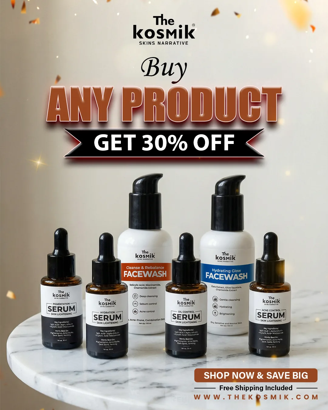 Serums and facewashes on a marble stand