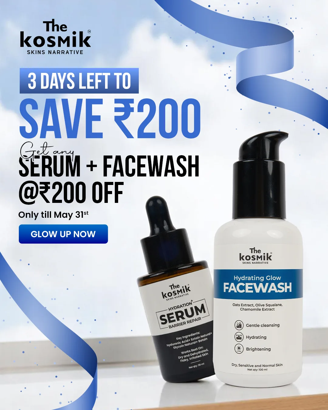 Serum and facewash with a blue ribbon