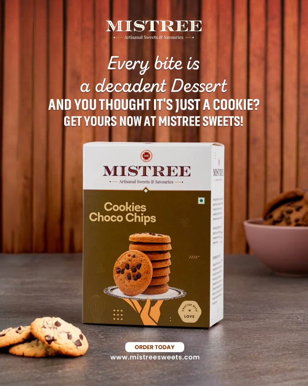 Choco chip cookie box on a wooden counter