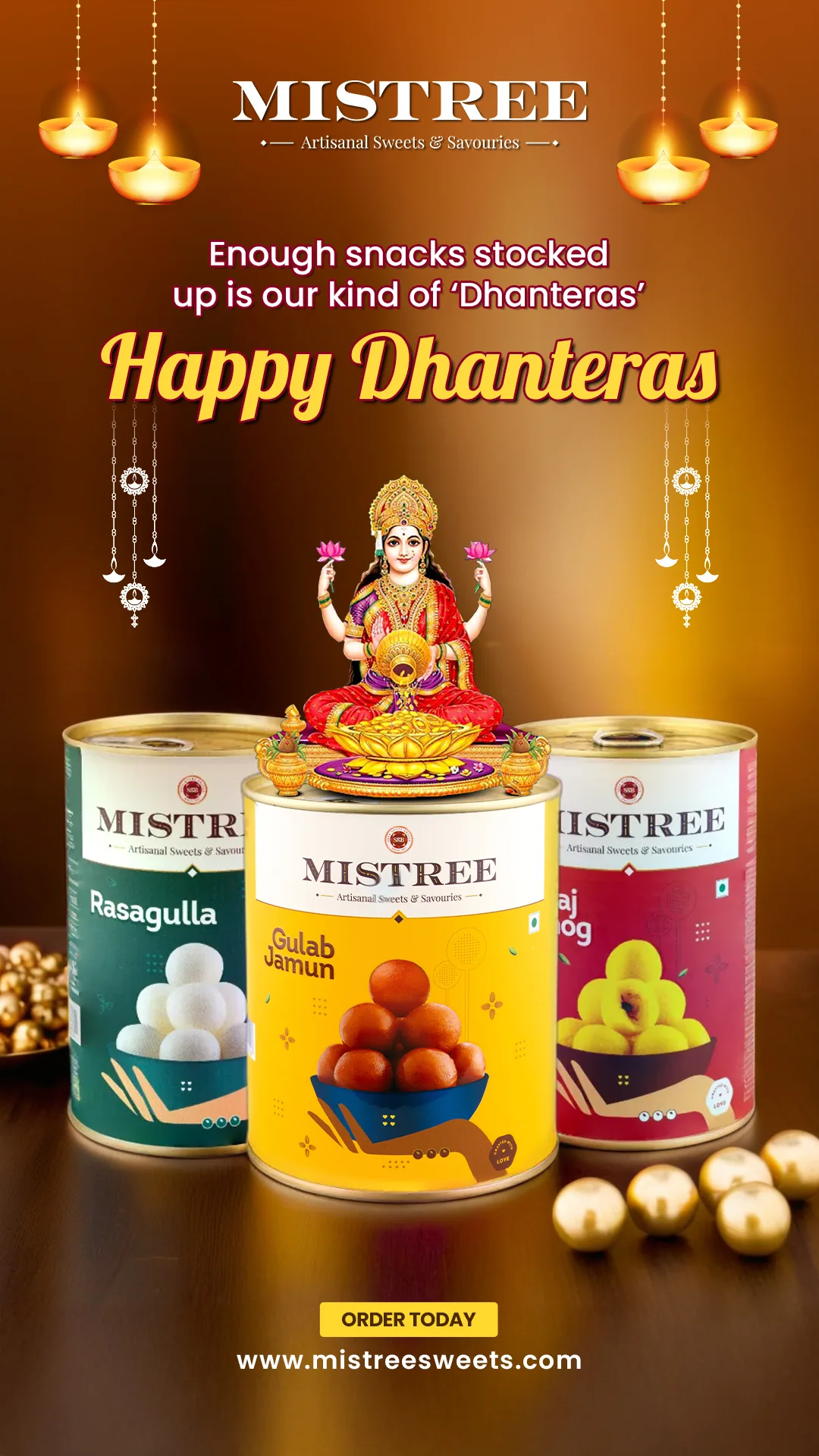 Three sweet tins under a Lakshmi idol