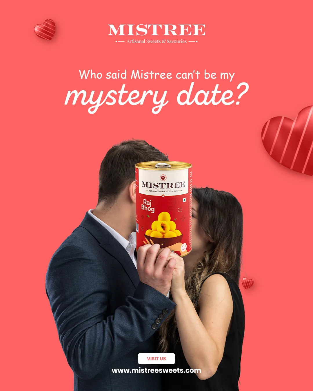 A couple kissing behind a raj bhog tin