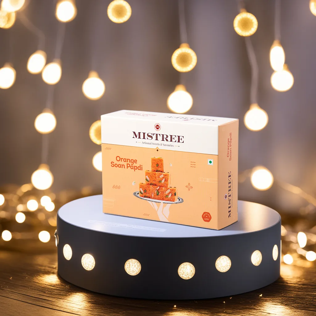 Orange soan papdi box on a lit podium