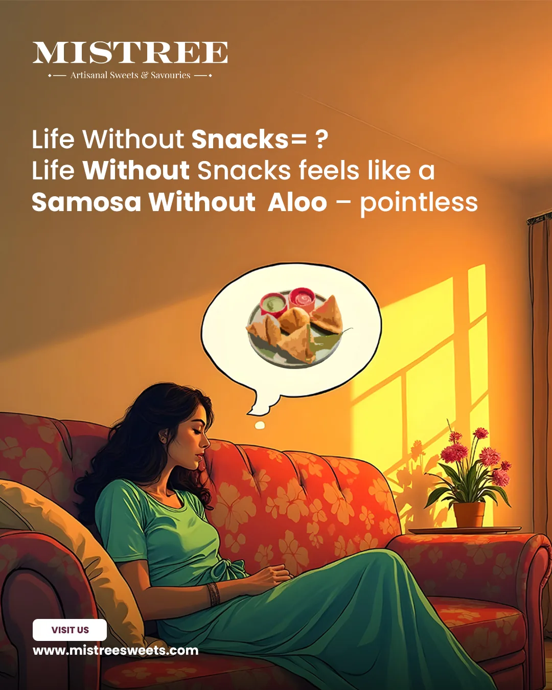 A woman on a sofa dreaming of samosas