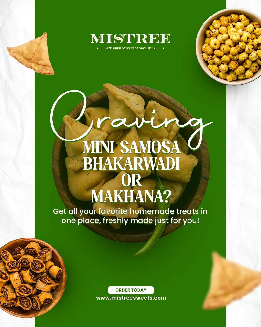 Ads for samosas, pepper cashews and a gift tray