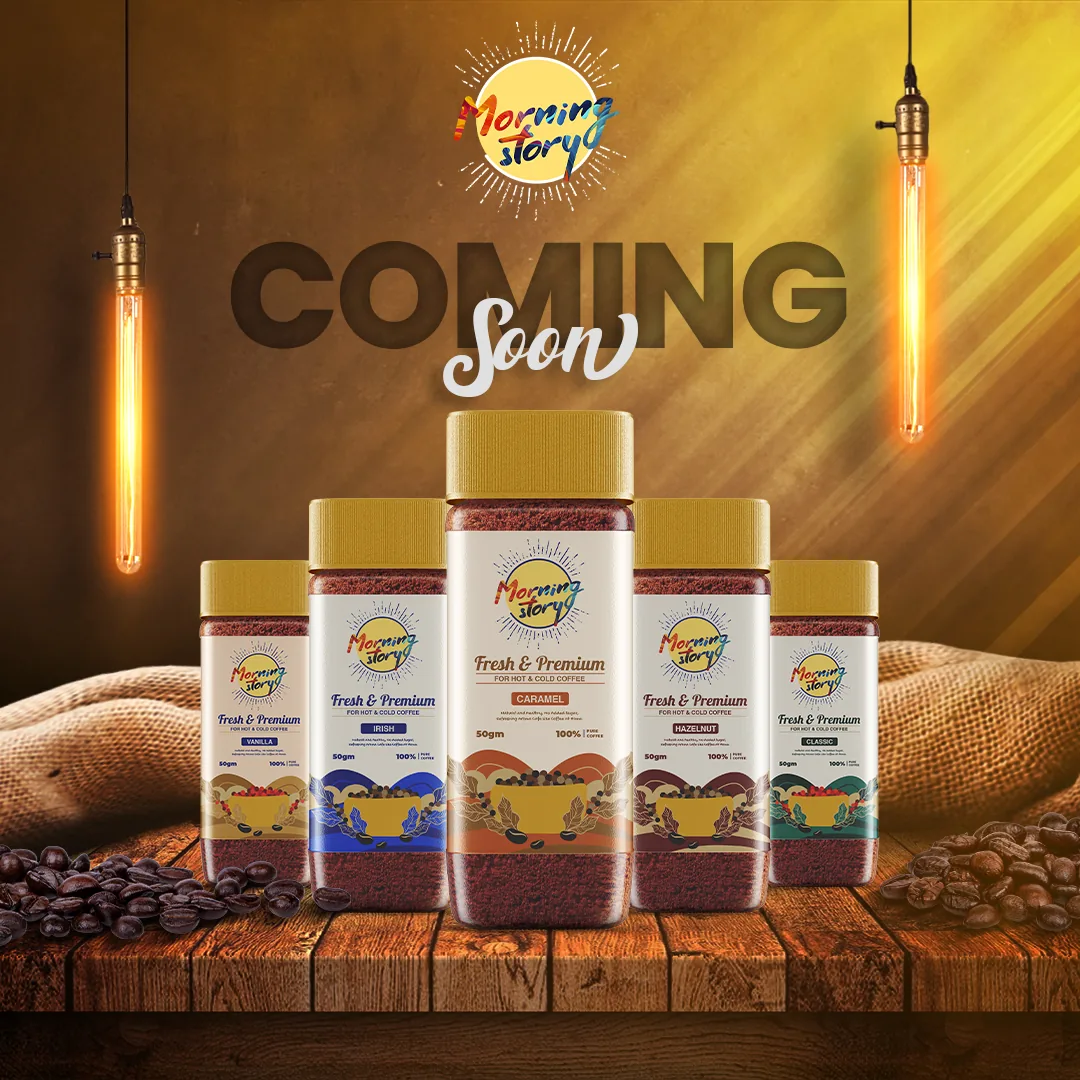Five coffee jars under hanging bulbs