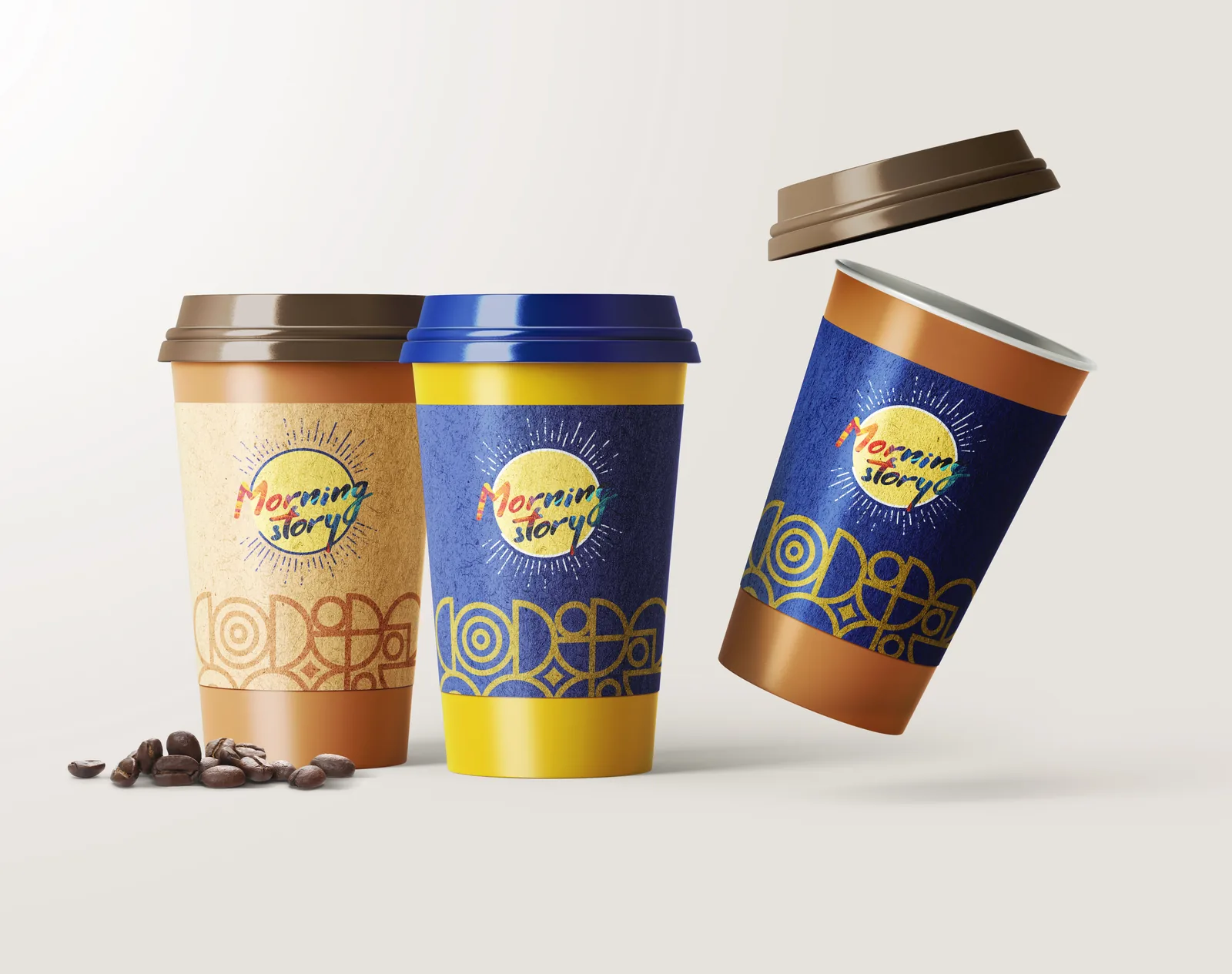 Takeaway cups, coffee bags, a mug and a coaster