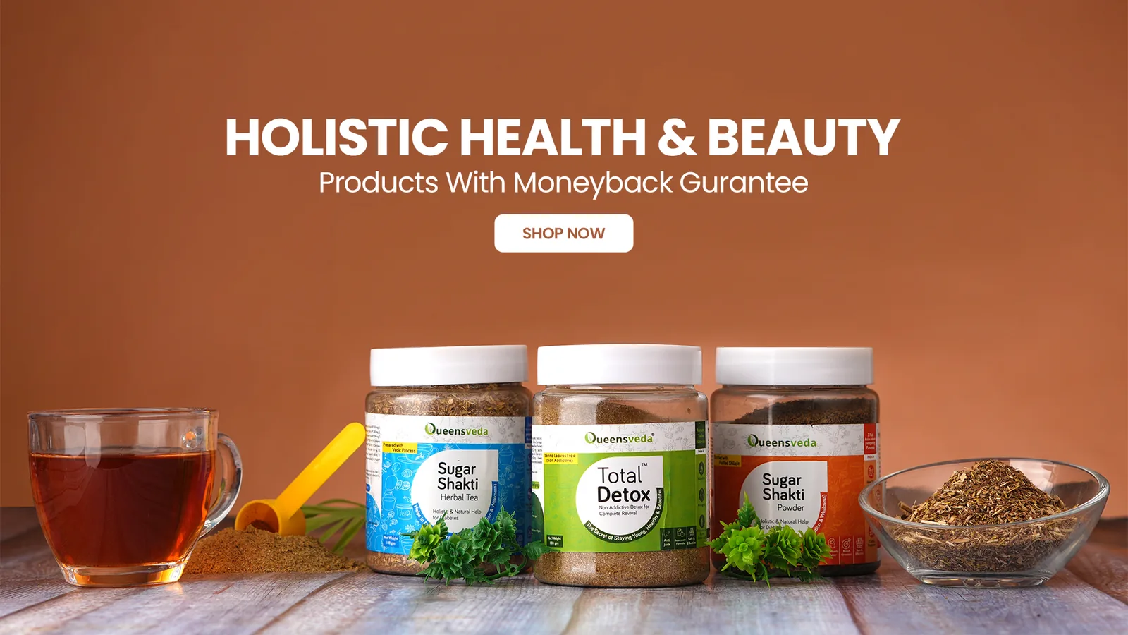 Herbal jars and an energy drink sachet