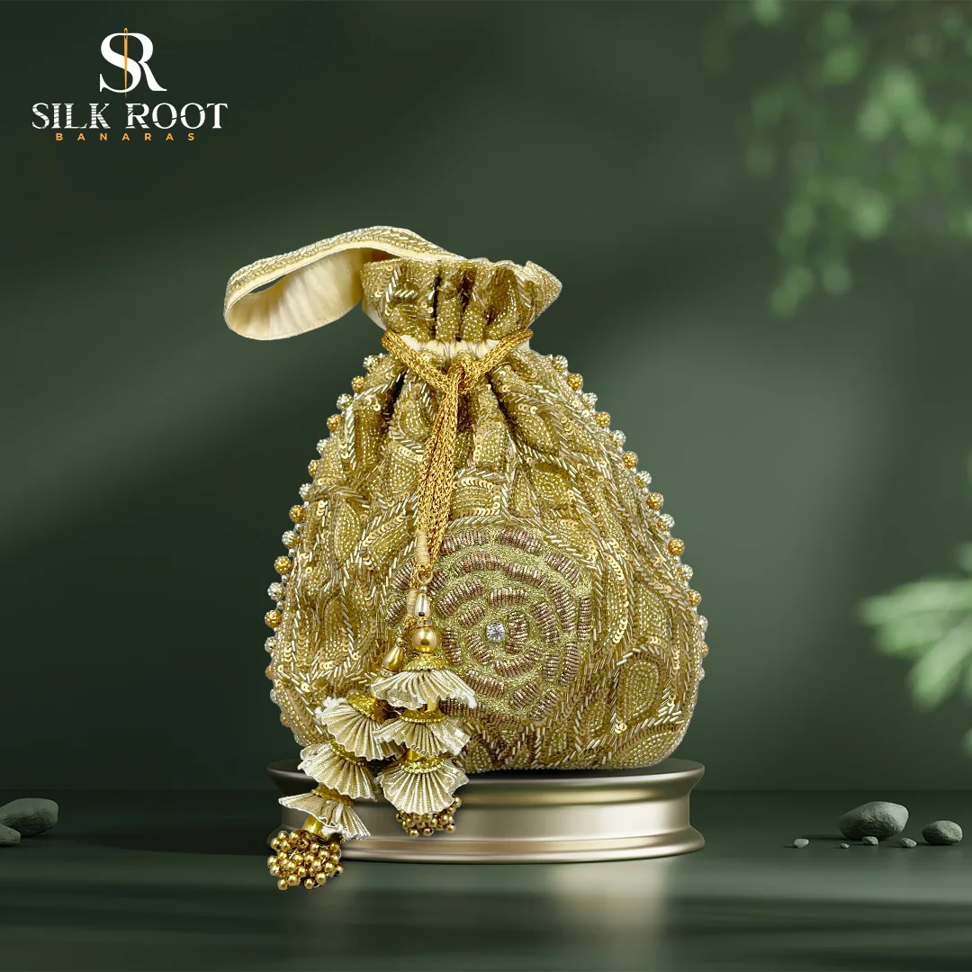 Gold potli on a dark green set