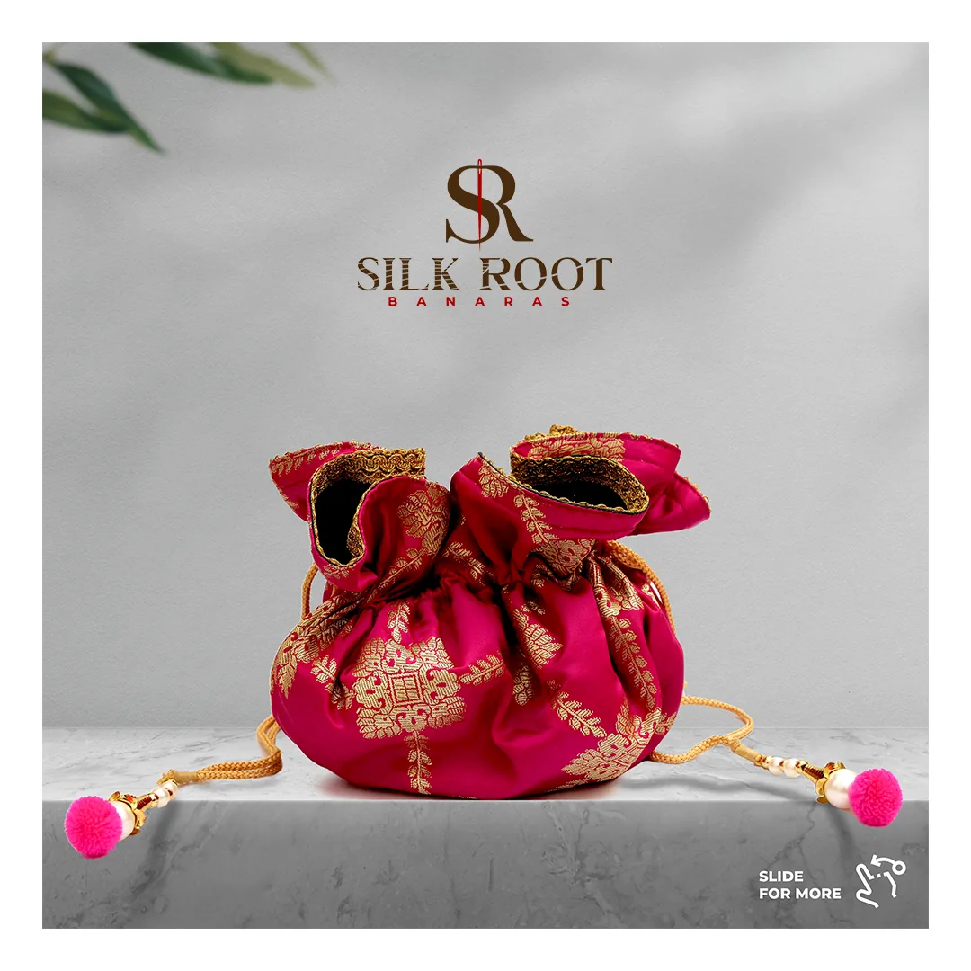 Pink brocade potli, whole and close up