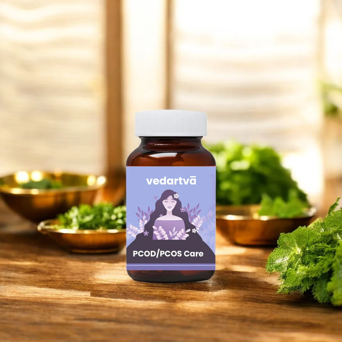 Supplement bottle among kitchen herbs