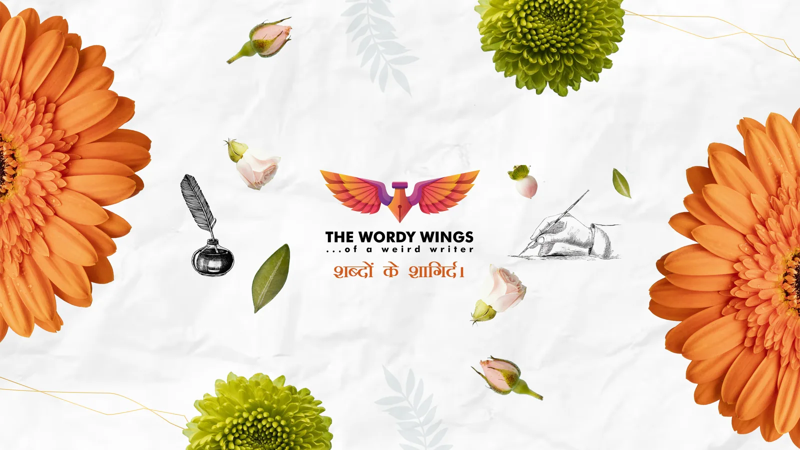 Winged logo among gerberas and a quill