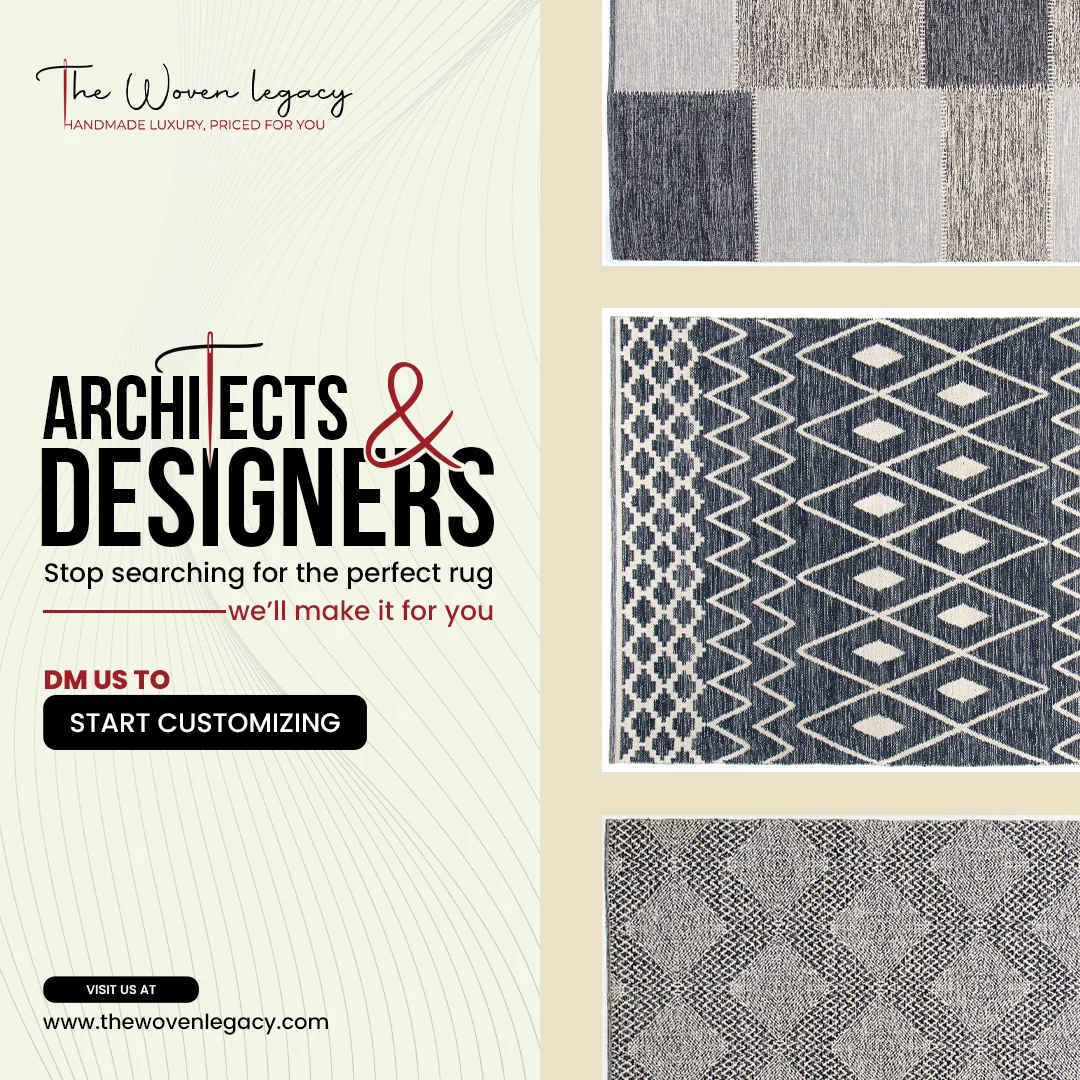 Rug swatches beside bold type