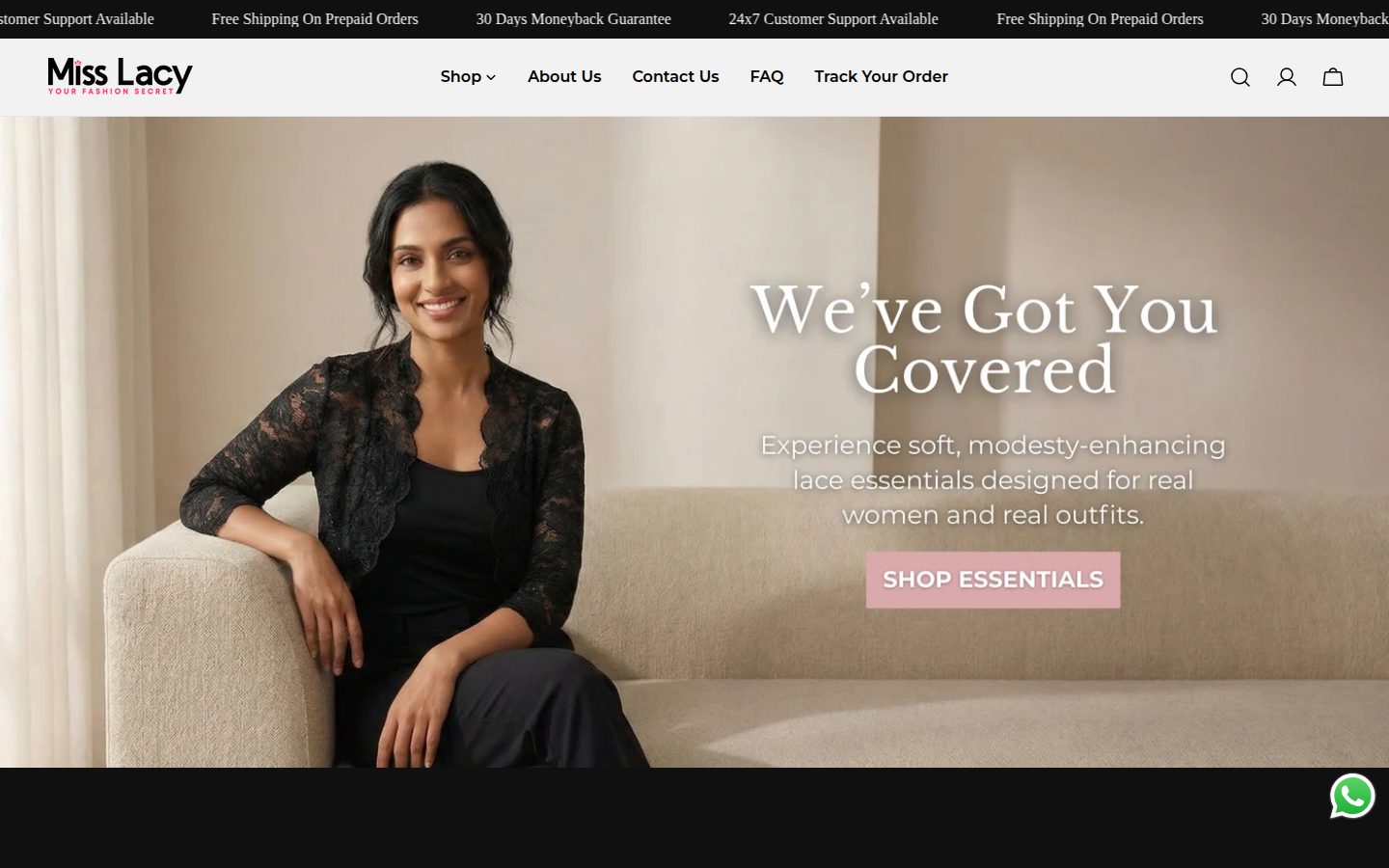 MissLacy storefront homepage on desktop