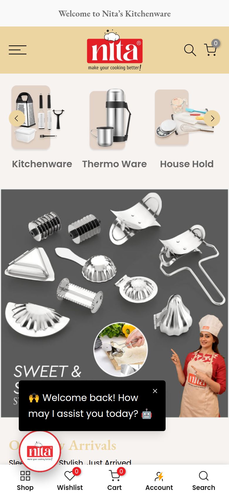 Nita Kitchenware storefront on a phone