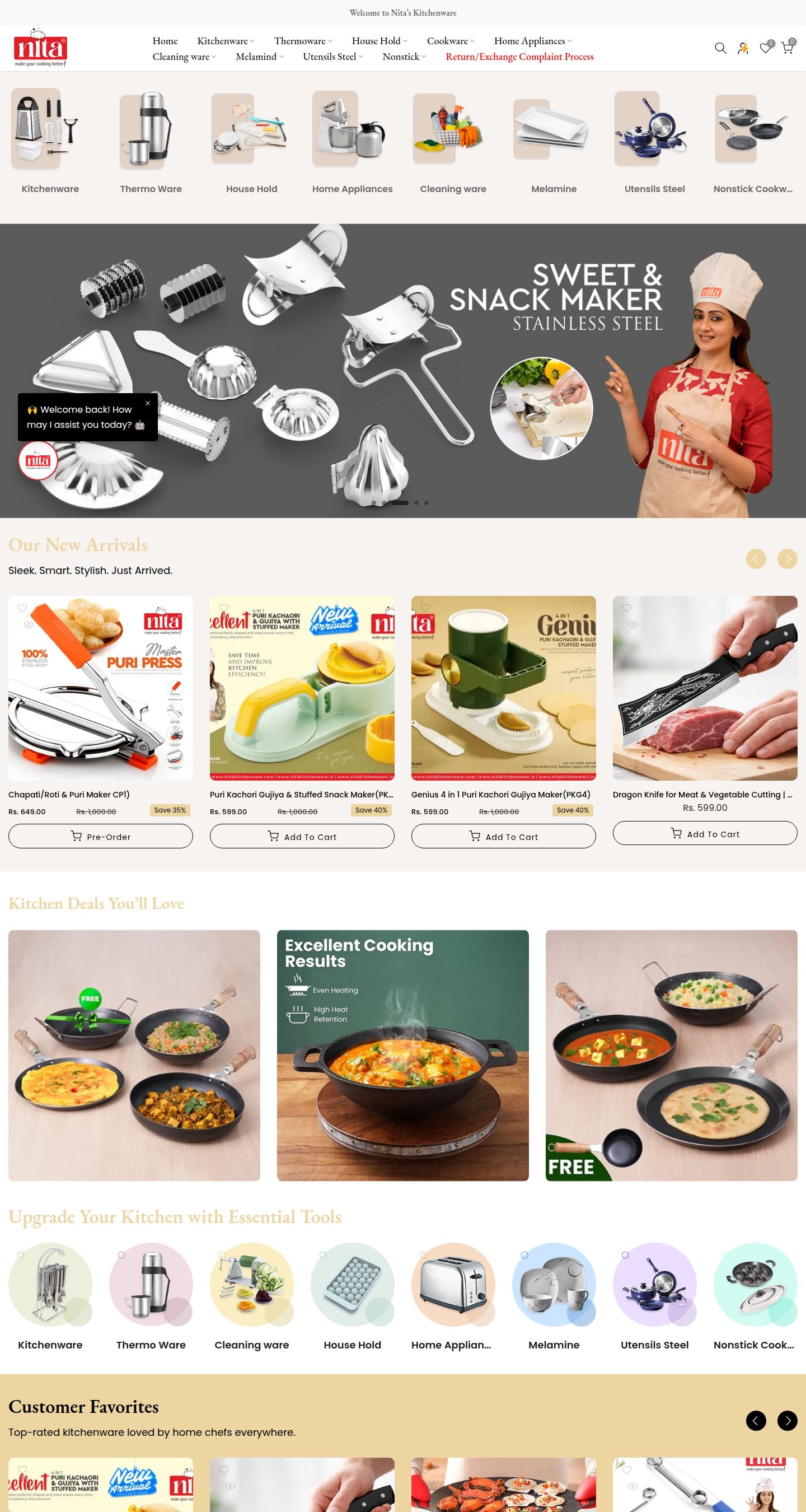 Nita Kitchenware storefront below the fold
