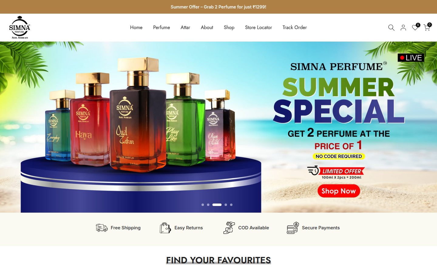 Simna Perfume storefront homepage on desktop