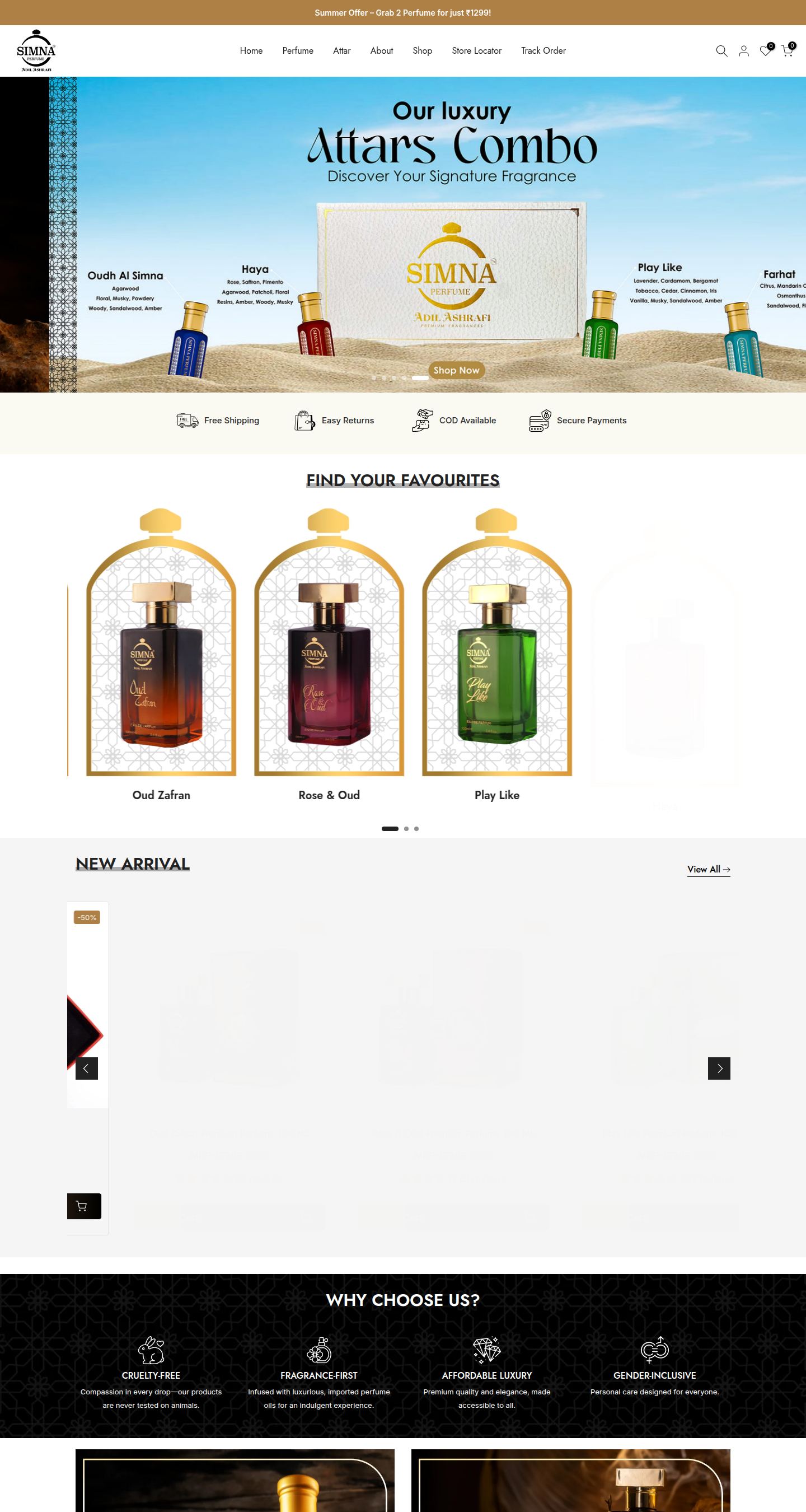 Simna Perfume storefront below the fold
