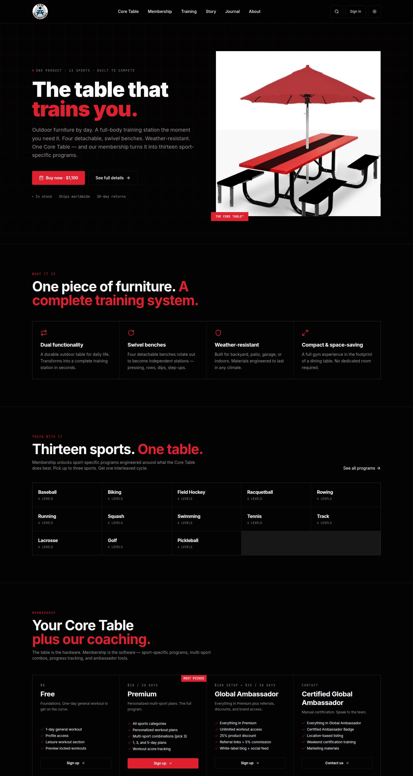 Core Table storefront below the fold