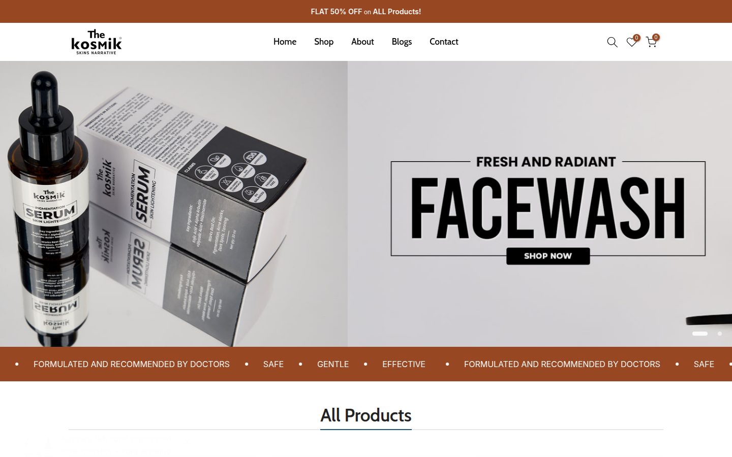 The KosmiK storefront homepage on desktop