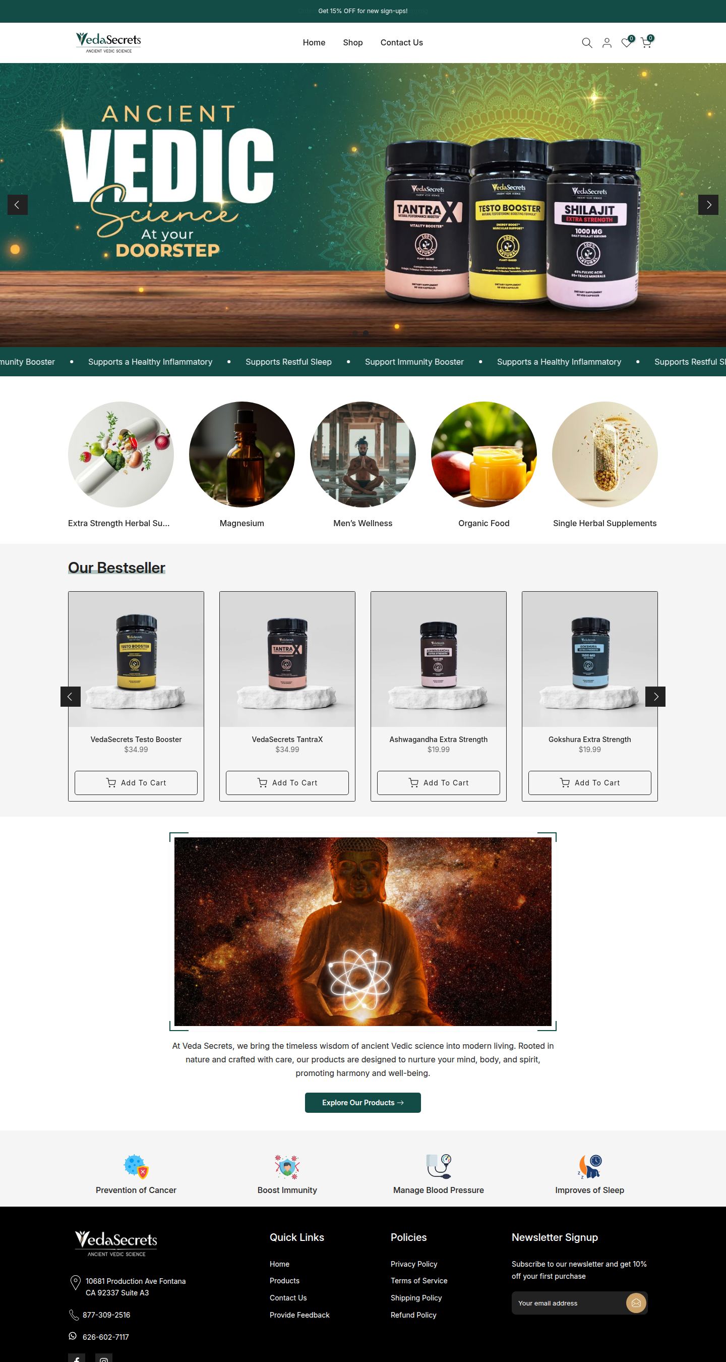 VedaSecrets storefront below the fold